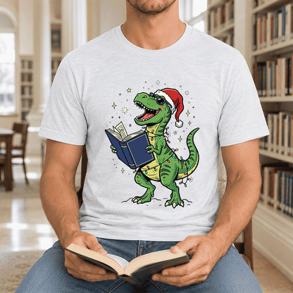 T-Rex Wearing Santa Hat And Reading Ultra-Soft Cotton T-Shirt | Christmas Gift Ash