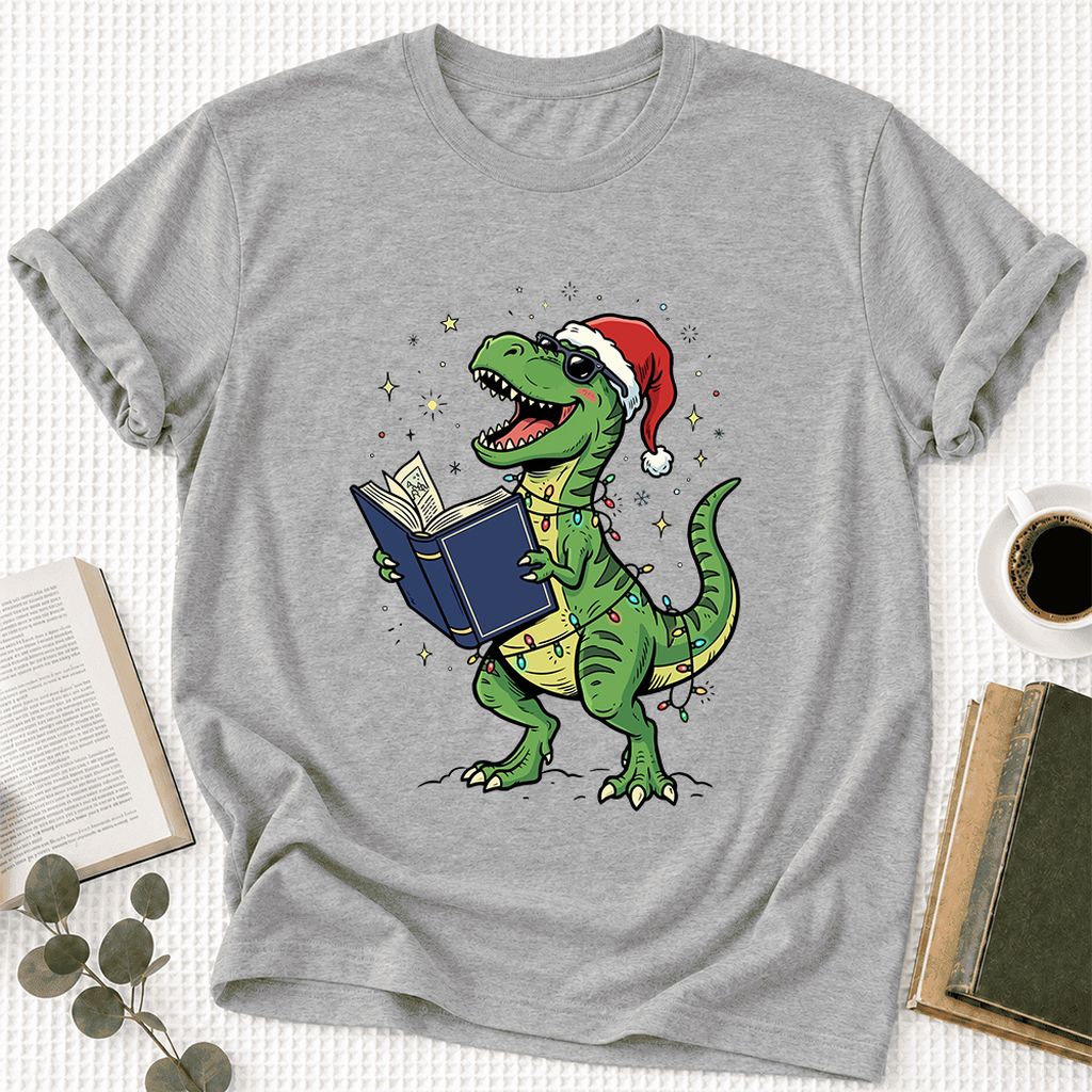 T-Rex Wearing Santa Hat And Reading Ultra-Soft Cotton T-Shirt | Christmas Gift Athletic Heather