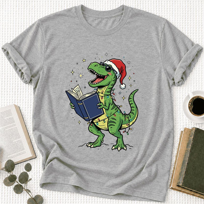 T-Rex Wearing Santa Hat And Reading Ultra-Soft Cotton T-Shirt | Christmas Gift Athletic Heather