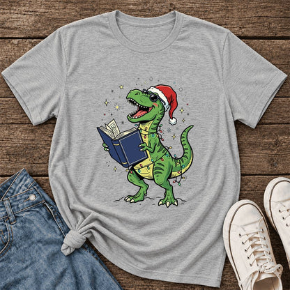 T-Rex Wearing Santa Hat And Reading Ultra-Soft Cotton T-Shirt | Christmas Gift Athletic Heather