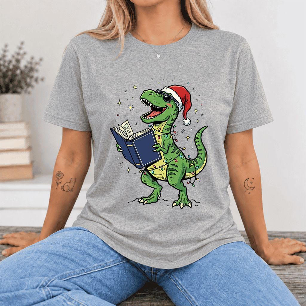 T-Rex Wearing Santa Hat And Reading Ultra-Soft Cotton T-Shirt | Christmas Gift Athletic Heather