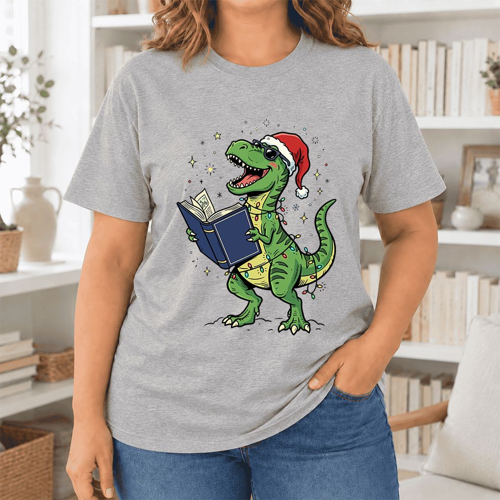 T-Rex Wearing Santa Hat And Reading Ultra-Soft Cotton T-Shirt | Christmas Gift Athletic Heather