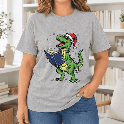 T-Rex Wearing Santa Hat And Reading Ultra-Soft Cotton T-Shirt | Christmas Gift Athletic Heather