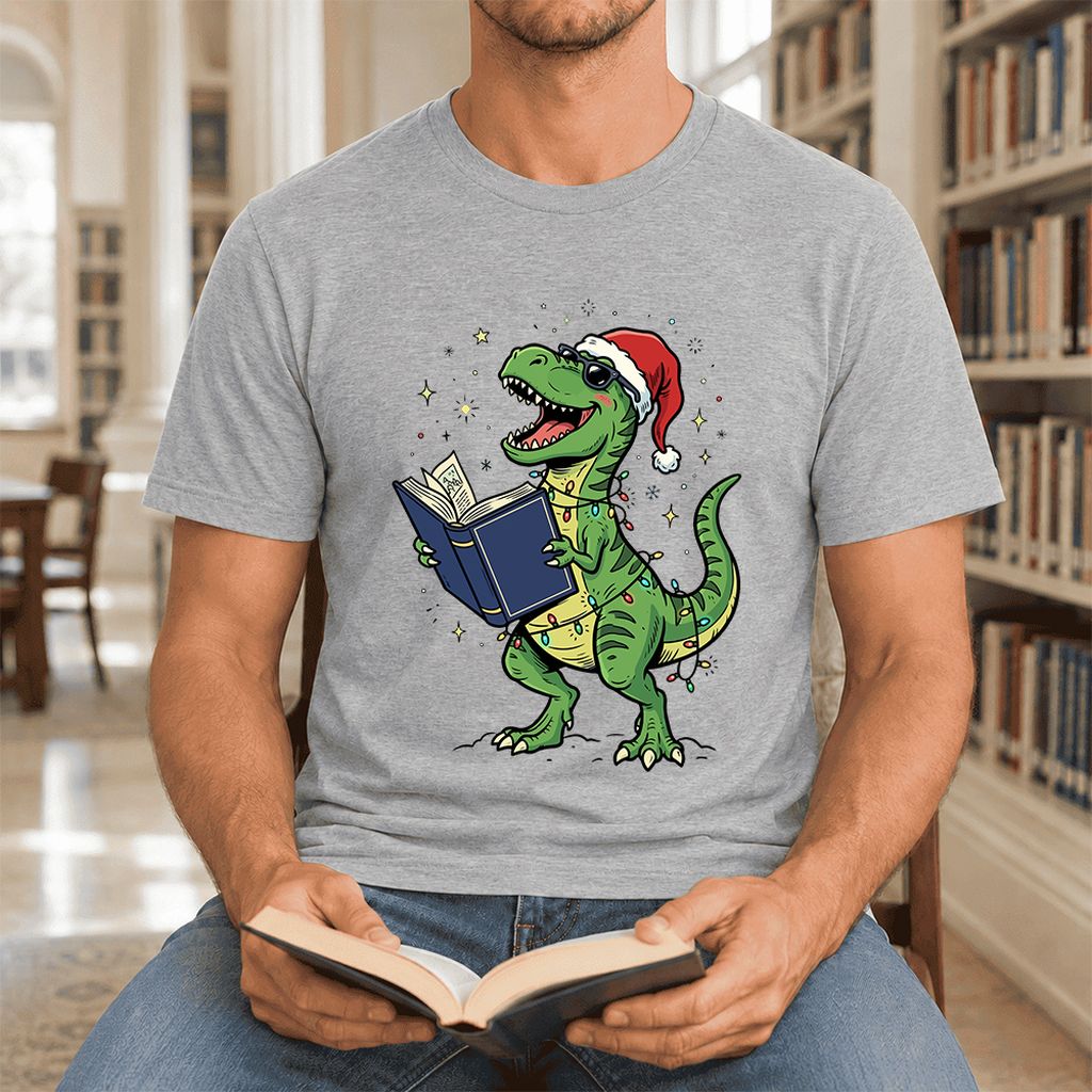 T-Rex Wearing Santa Hat And Reading Ultra-Soft Cotton T-Shirt | Christmas Gift Athletic Heather