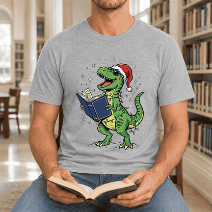 T-Rex Wearing Santa Hat And Reading Ultra-Soft Cotton T-Shirt | Christmas Gift Athletic Heather