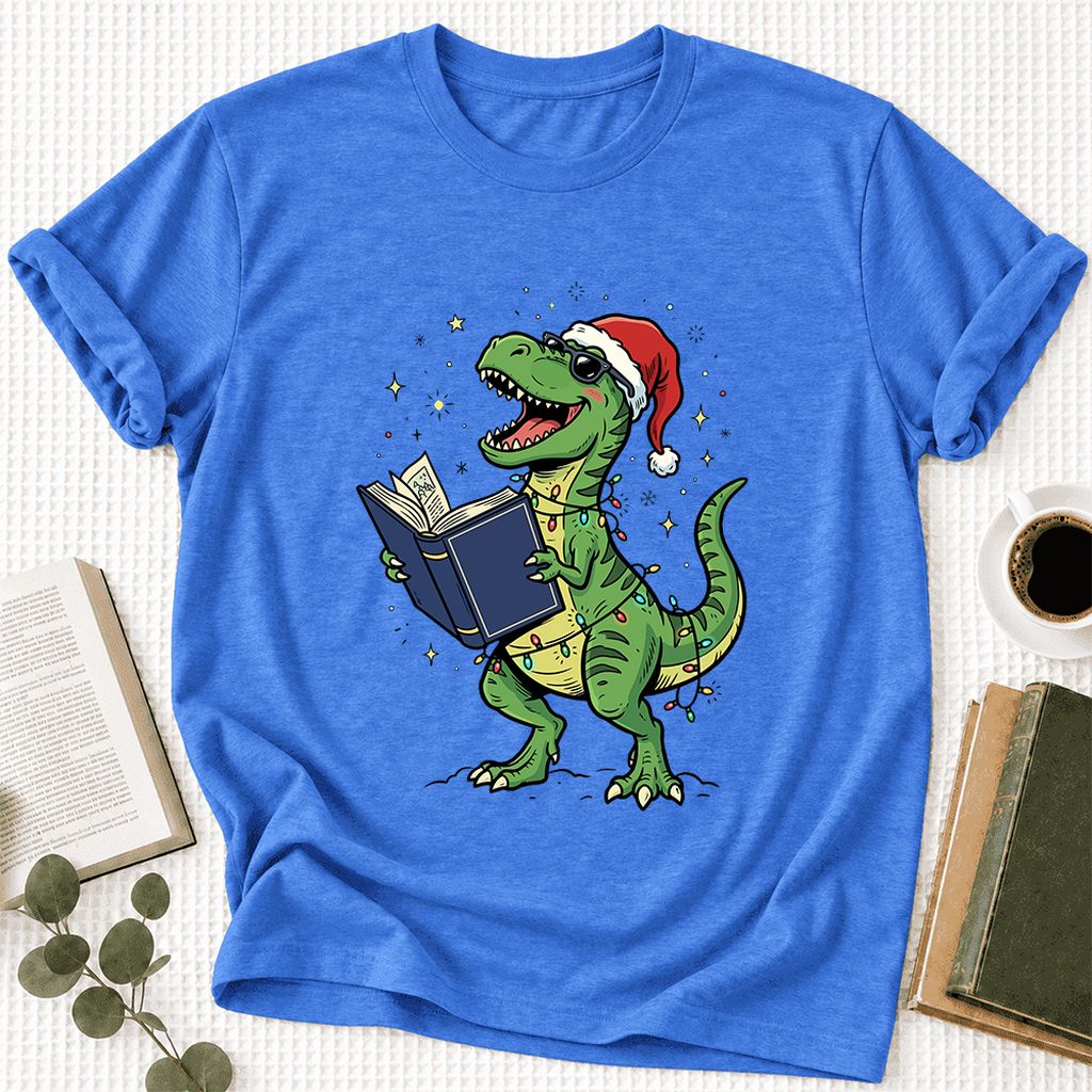 T-Rex Wearing Santa Hat And Reading Ultra-Soft Cotton T-Shirt | Christmas Gift Heather True Royal