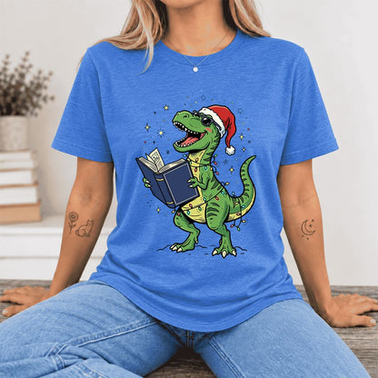 T-Rex Wearing Santa Hat And Reading Ultra-Soft Cotton T-Shirt | Christmas Gift Heather True Royal