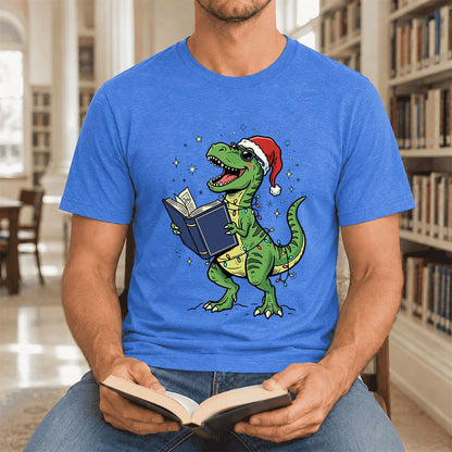 T-Rex Wearing Santa Hat And Reading Ultra-Soft Cotton T-Shirt | Christmas Gift Heather True Royal