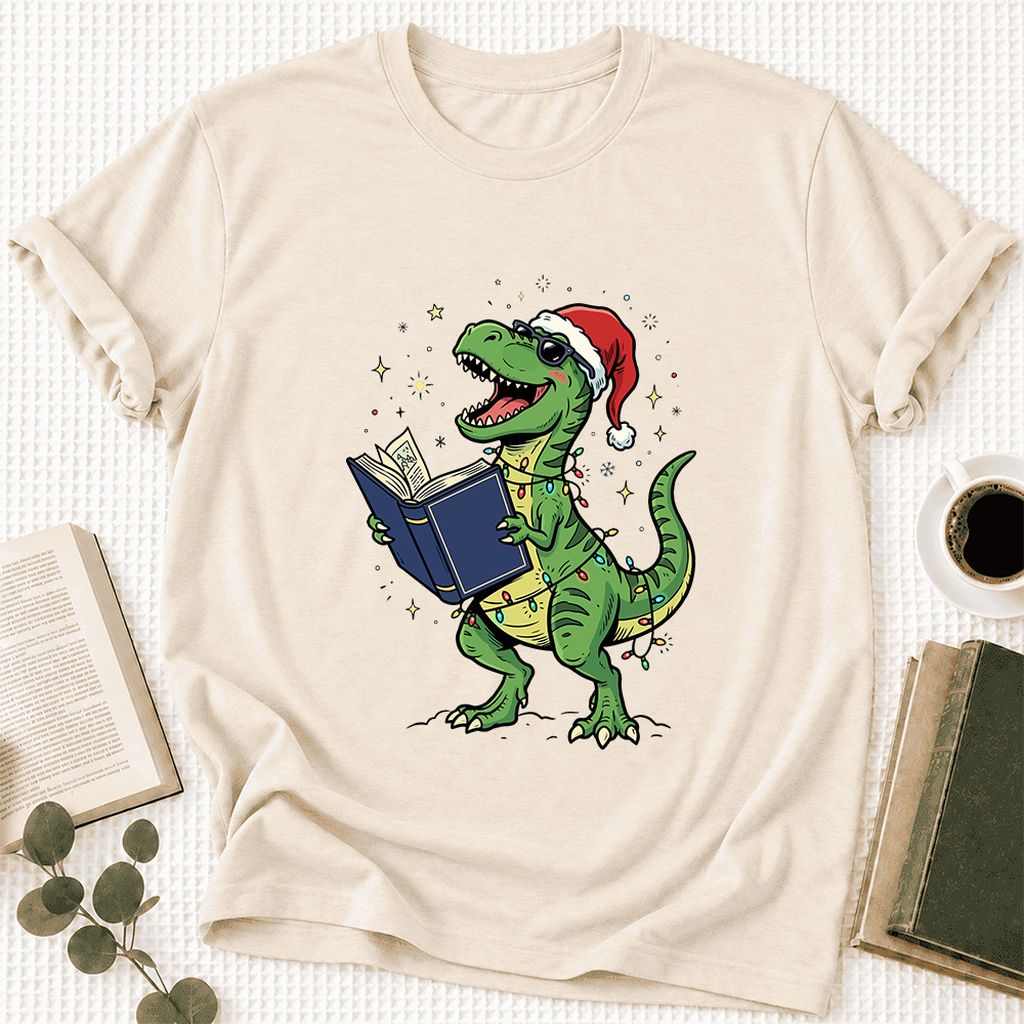 T-Rex Wearing Santa Hat And Reading Ultra-Soft Cotton T-Shirt | Christmas Gift Natural
