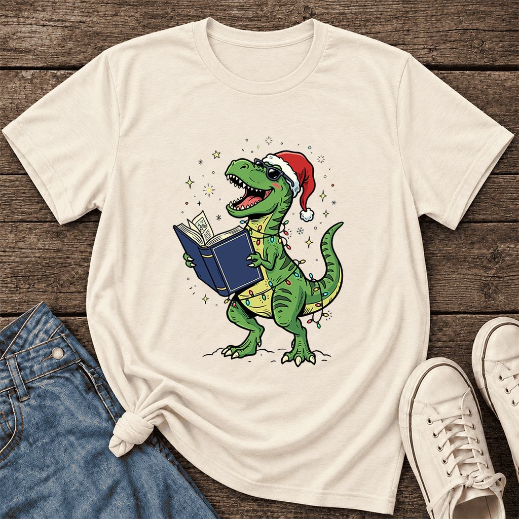 T-Rex Wearing Santa Hat And Reading Ultra-Soft Cotton T-Shirt | Christmas Gift Natural