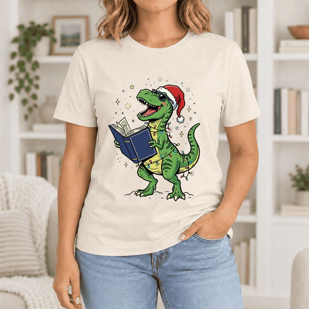T-Rex Wearing Santa Hat And Reading Ultra-Soft Cotton T-Shirt | Christmas Gift Natural