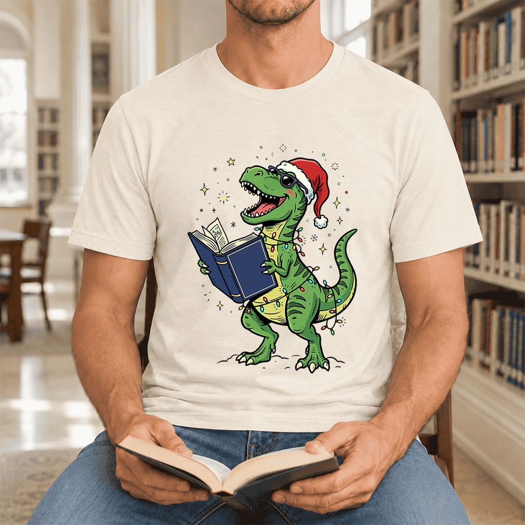 T-Rex Wearing Santa Hat And Reading Ultra-Soft Cotton T-Shirt | Christmas Gift Natural