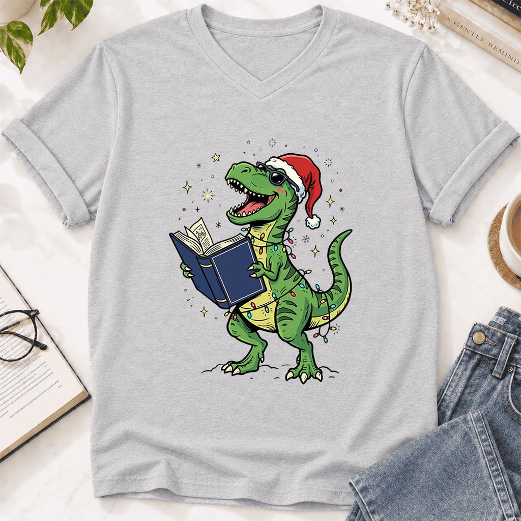 T-Rex Wearing Santa Hat And Reading Ultra-Soft V-Neck | Christmas Reader Gift Ash