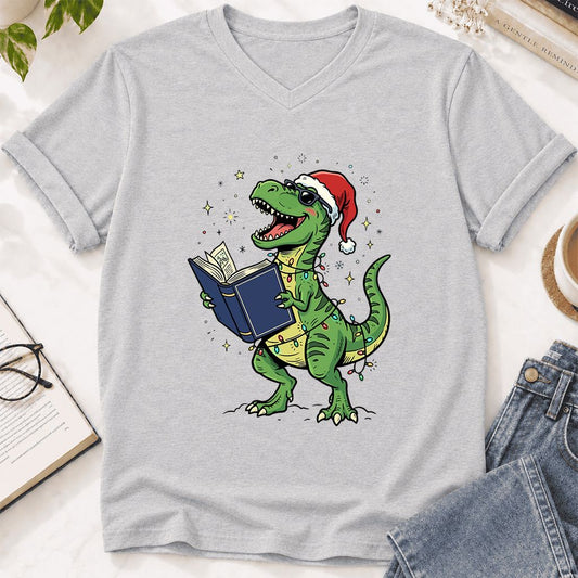 T-Rex Wearing Santa Hat And Reading Ultra-Soft V-Neck | Christmas Reader Gift Ash