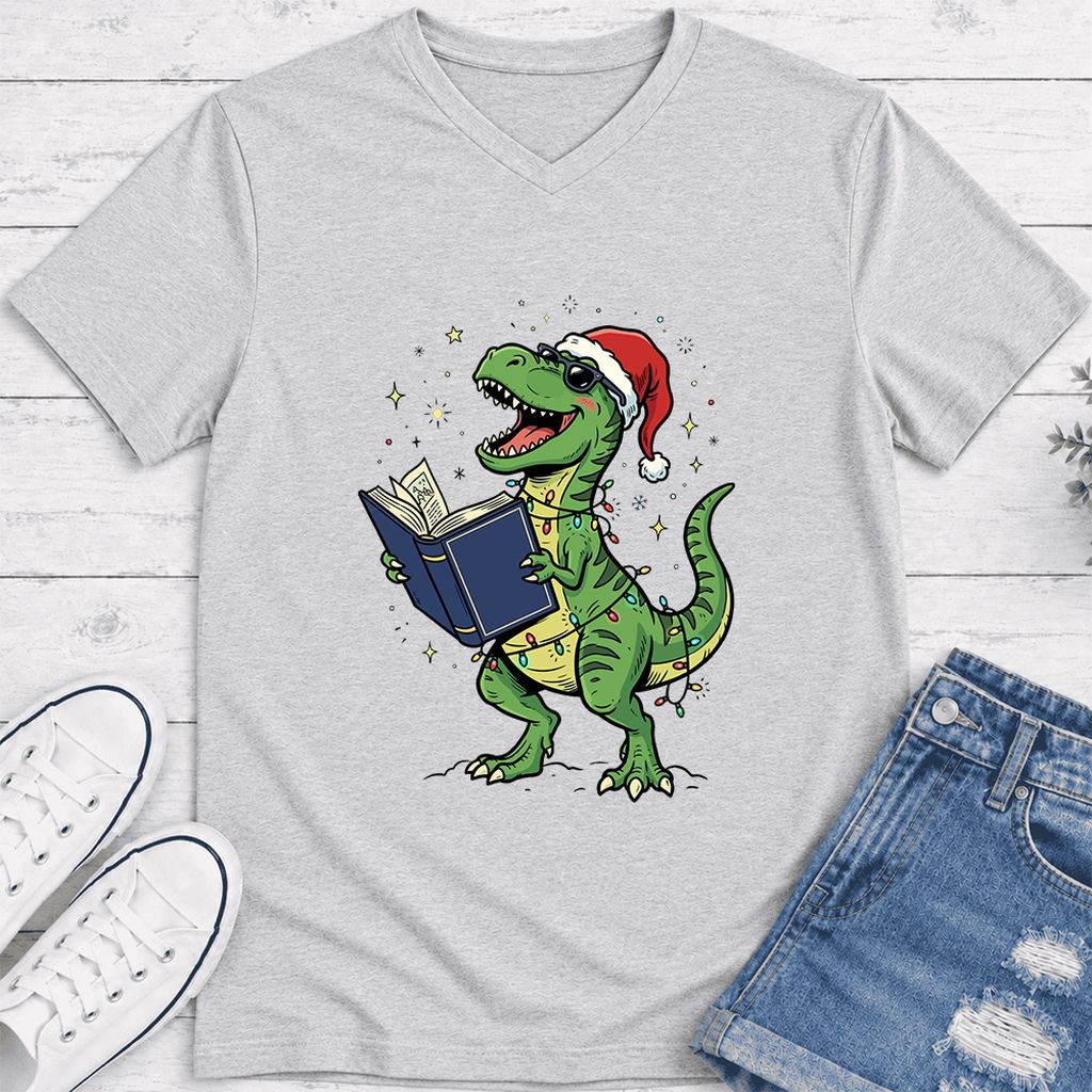 T-Rex Wearing Santa Hat And Reading Ultra-Soft V-Neck | Christmas Reader Gift Ash
