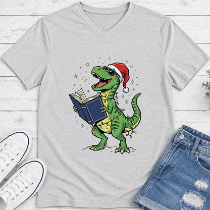 T-Rex Wearing Santa Hat And Reading Ultra-Soft V-Neck | Christmas Reader Gift Ash