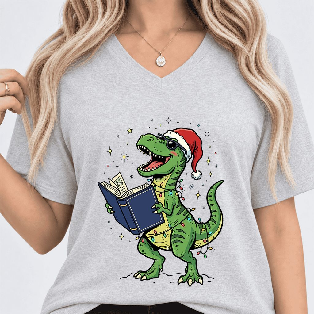 T-Rex Wearing Santa Hat And Reading Ultra-Soft V-Neck | Christmas Reader Gift Ash