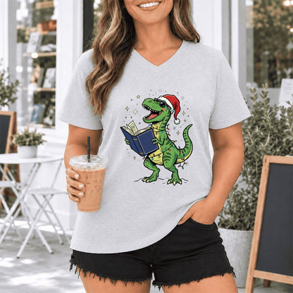 T-Rex Wearing Santa Hat And Reading Ultra-Soft V-Neck | Christmas Reader Gift Ash