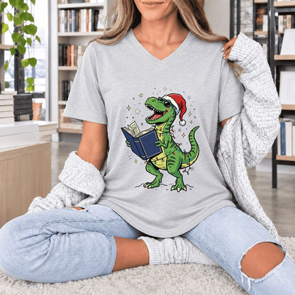 T-Rex Wearing Santa Hat And Reading Ultra-Soft V-Neck | Christmas Reader Gift Ash