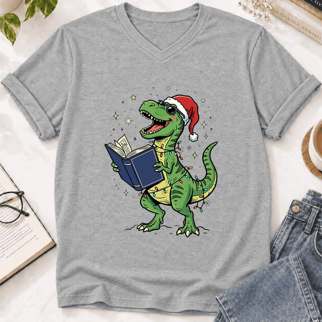 T-Rex Wearing Santa Hat And Reading Ultra-Soft V-Neck | Christmas Reader Gift Athletic Heather