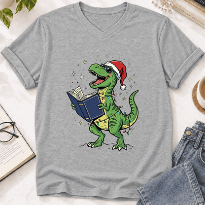 T-Rex Wearing Santa Hat And Reading Ultra-Soft V-Neck | Christmas Reader Gift Athletic Heather