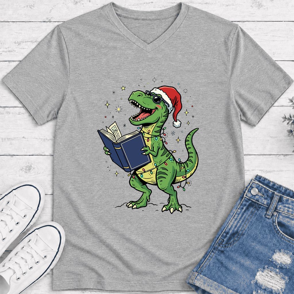 T-Rex Wearing Santa Hat And Reading Ultra-Soft V-Neck | Christmas Reader Gift Athletic Heather