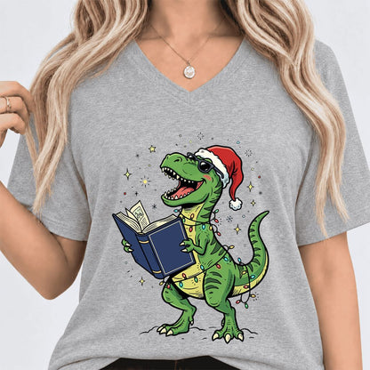 T-Rex Wearing Santa Hat And Reading Ultra-Soft V-Neck | Christmas Reader Gift Athletic Heather