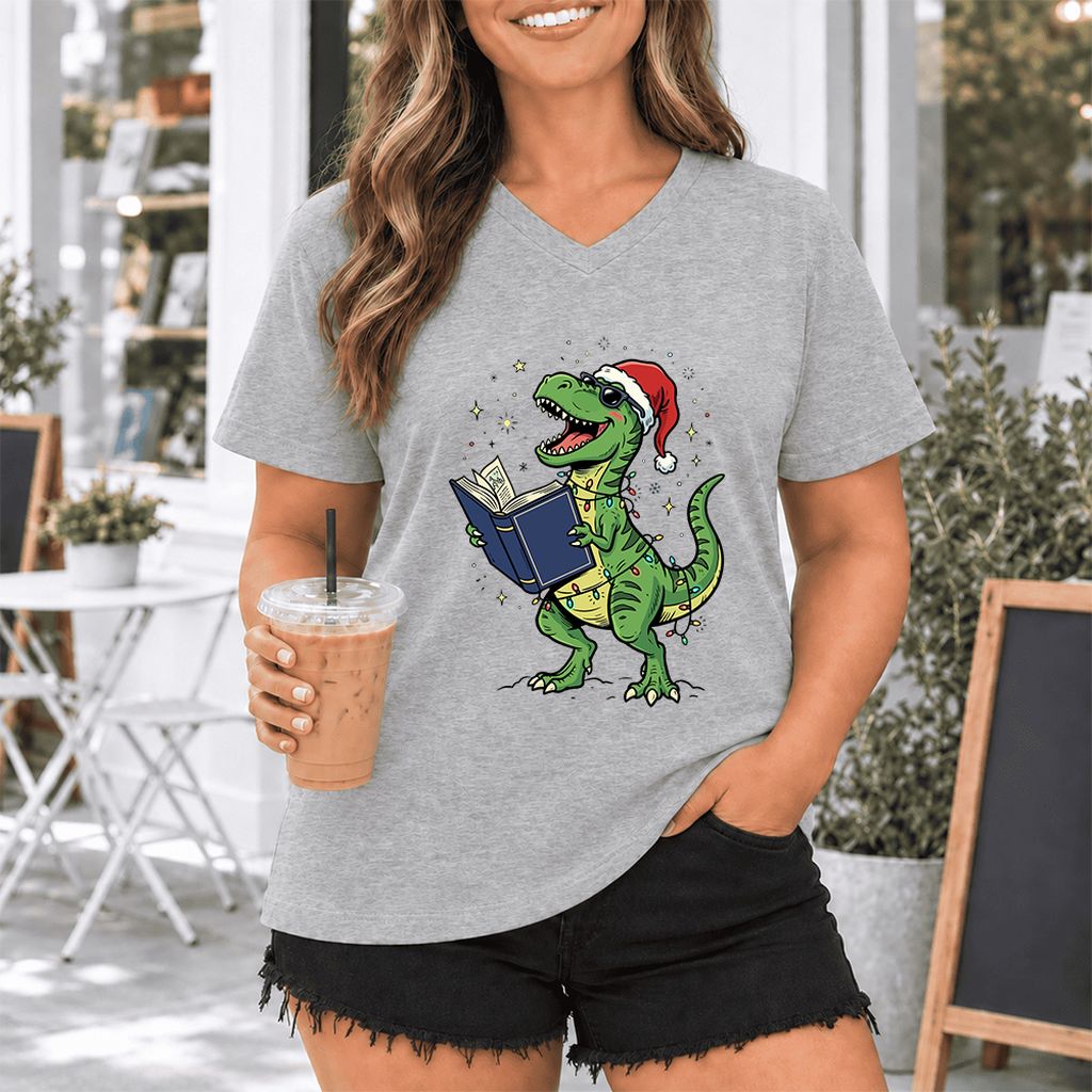 T-Rex Wearing Santa Hat And Reading Ultra-Soft V-Neck | Christmas Reader Gift Athletic Heather