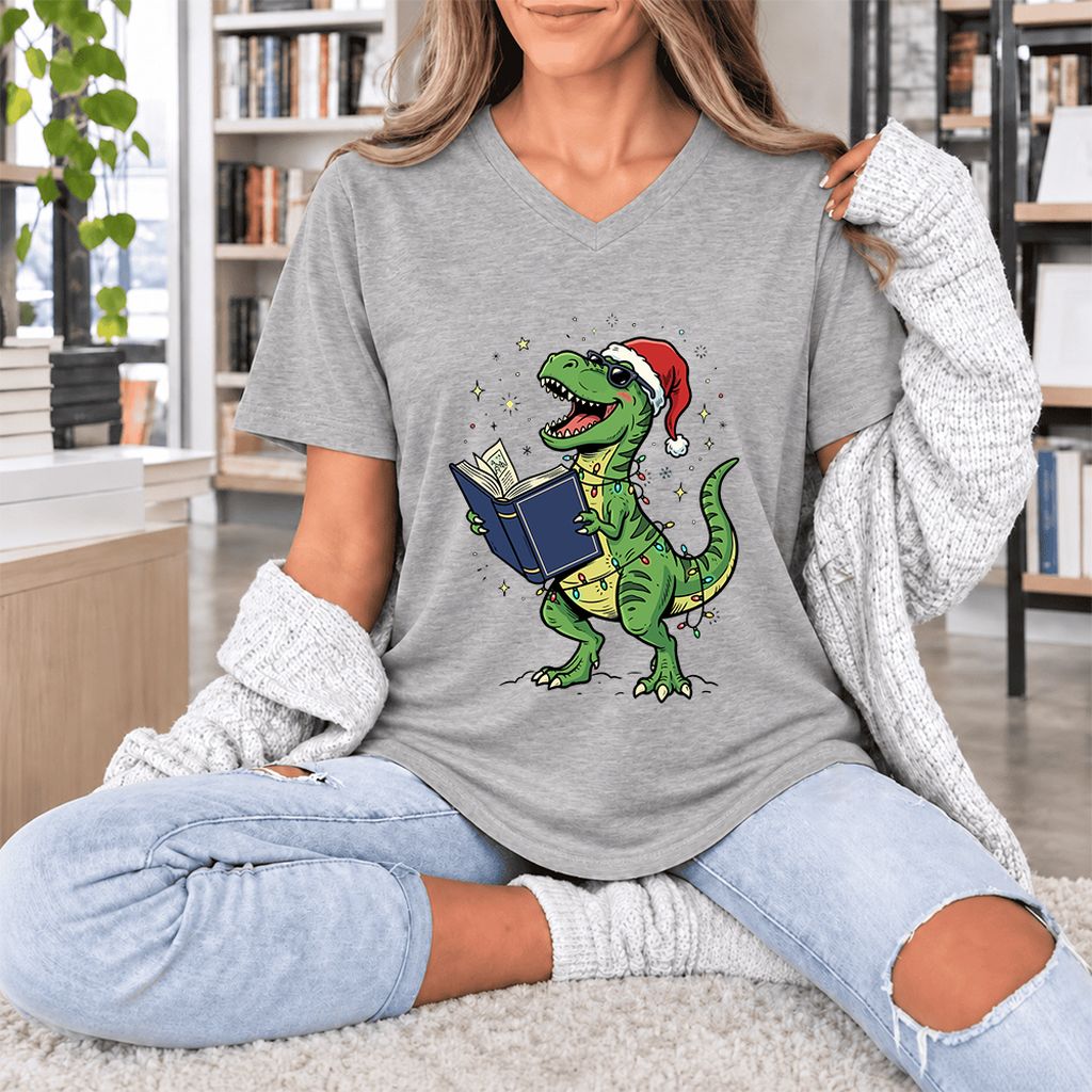 T-Rex Wearing Santa Hat And Reading Ultra-Soft V-Neck | Christmas Reader Gift Athletic Heather
