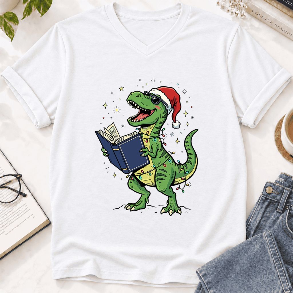 T-Rex Wearing Santa Hat And Reading Ultra-Soft V-Neck | Christmas Reader Gift White