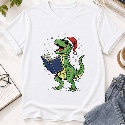 T-Rex Wearing Santa Hat And Reading Ultra-Soft V-Neck | Christmas Reader Gift White