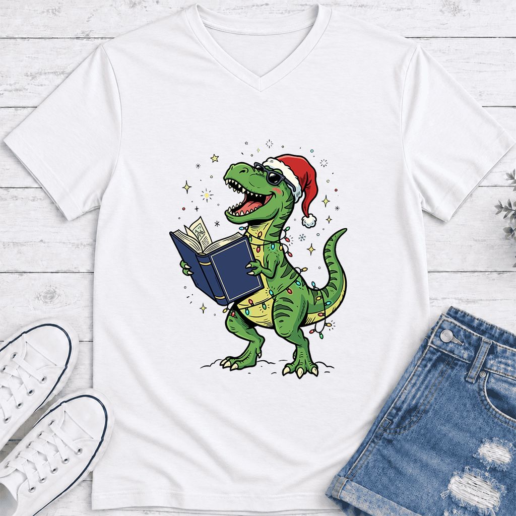 T-Rex Wearing Santa Hat And Reading Ultra-Soft V-Neck | Christmas Reader Gift White