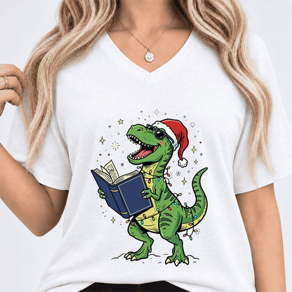 T-Rex Wearing Santa Hat And Reading Ultra-Soft V-Neck | Christmas Reader Gift White