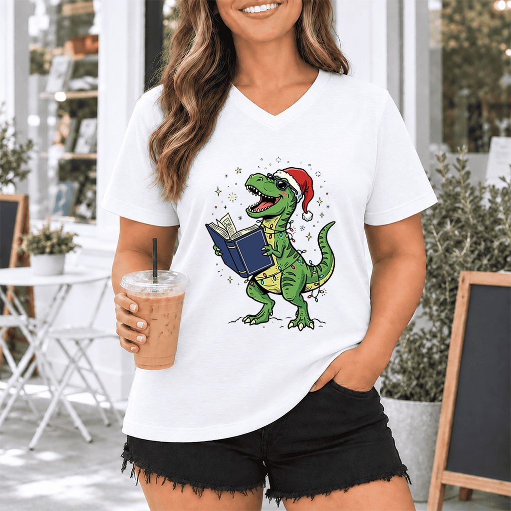 T-Rex Wearing Santa Hat And Reading Ultra-Soft V-Neck | Christmas Reader Gift White