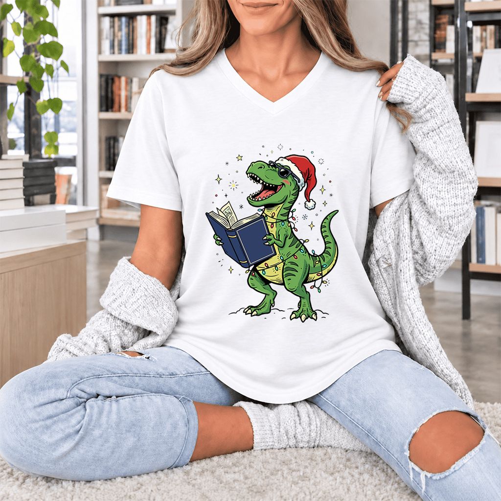 T-Rex Wearing Santa Hat And Reading Ultra-Soft V-Neck | Christmas Reader Gift White