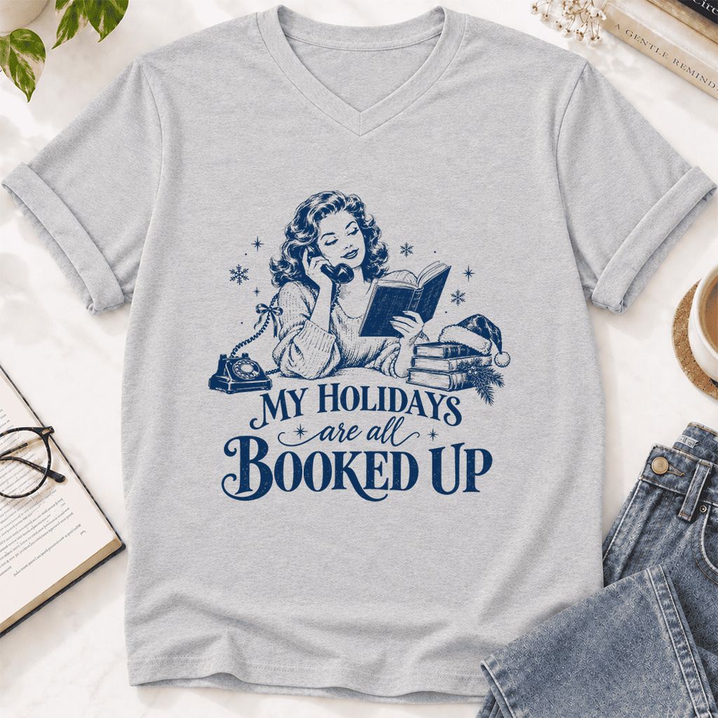 My Holidays Are All Booked Up Ultra-Soft V-Neck | Christmas Book Lover Gift Ash