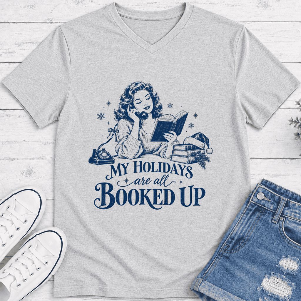 My Holidays Are All Booked Up Ultra-Soft V-Neck | Christmas Book Lover Gift Ash