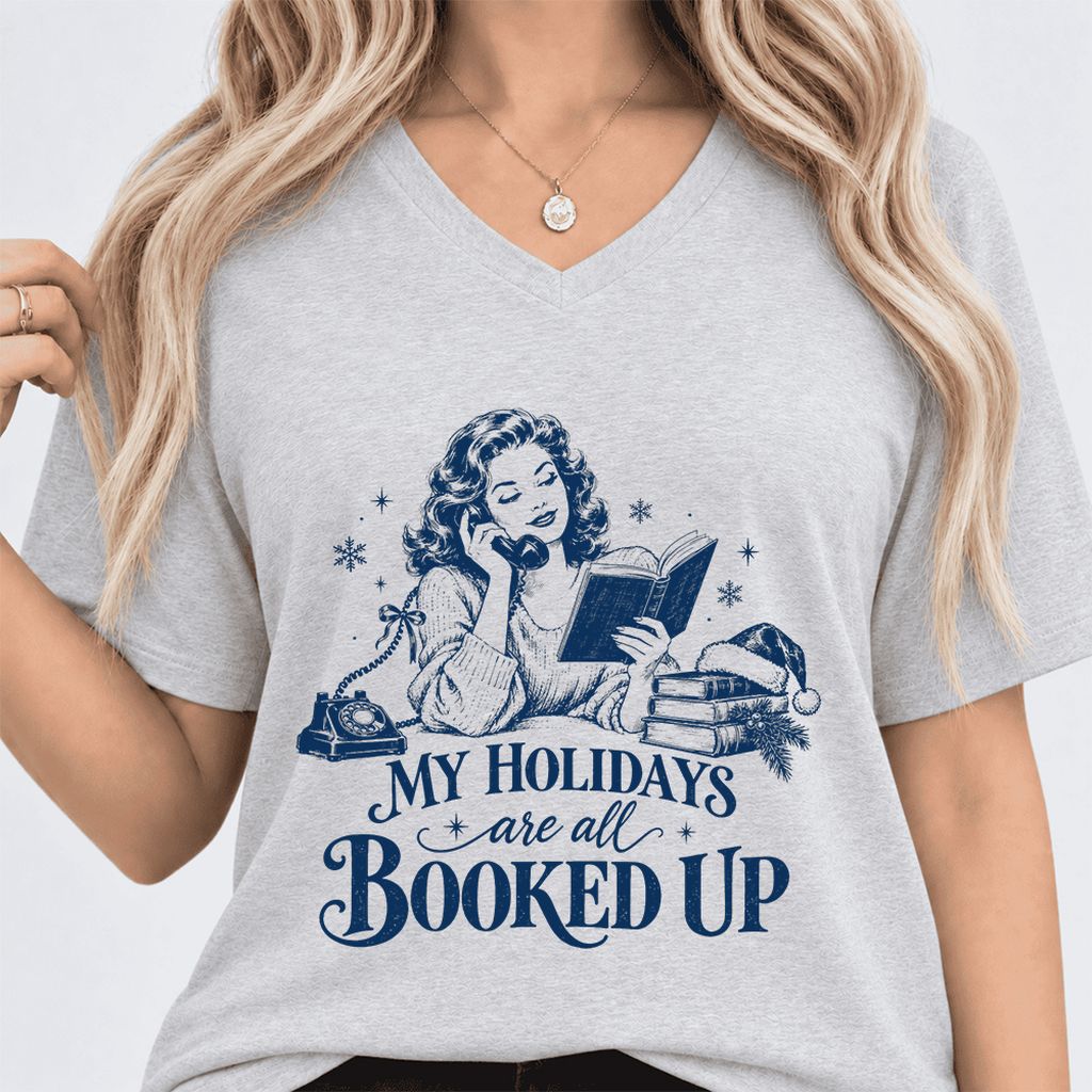 My Holidays Are All Booked Up Ultra-Soft V-Neck | Christmas Book Lover Gift Ash