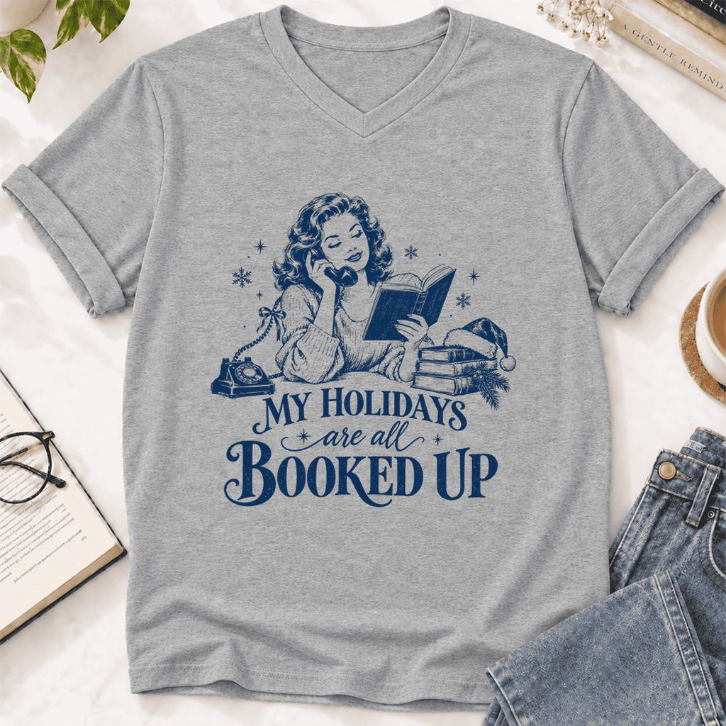 My Holidays Are All Booked Up Ultra-Soft V-Neck | Christmas Book Lover Gift Athletic Heather