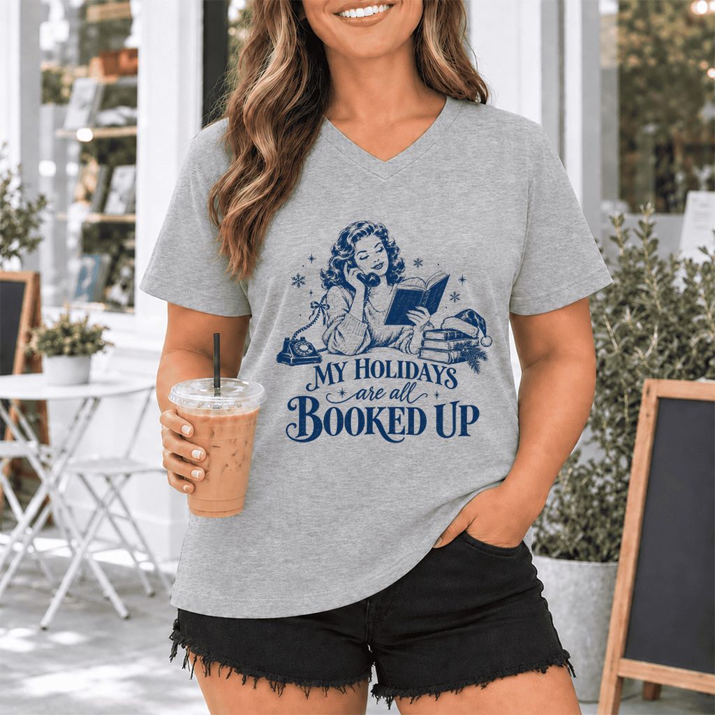 My Holidays Are All Booked Up Ultra-Soft V-Neck | Christmas Book Lover Gift Athletic Heather
