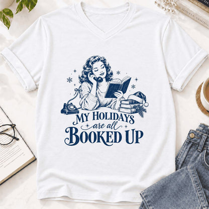 My Holidays Are All Booked Up Ultra-Soft V-Neck | Christmas Book Lover Gift White