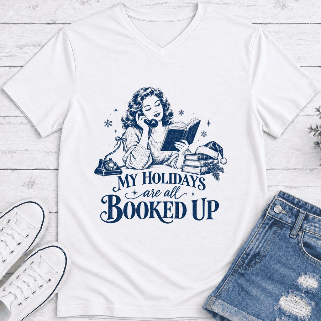 My Holidays Are All Booked Up Ultra-Soft V-Neck | Christmas Book Lover Gift White