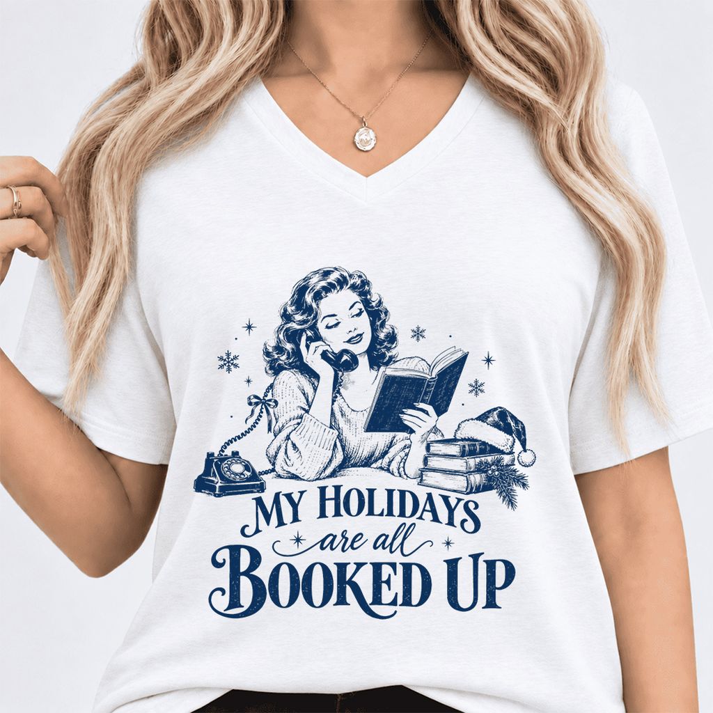 My Holidays Are All Booked Up Ultra-Soft V-Neck | Christmas Book Lover Gift White