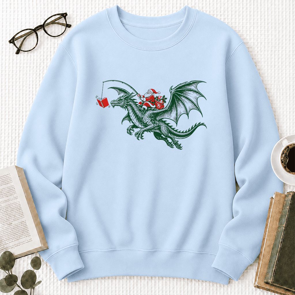 Santa Riding Green Dragon Printed Sweatshirt | Christmas Fantasy Reader Gift Light Blue