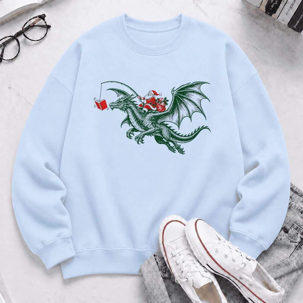 Santa Riding Green Dragon Printed Sweatshirt | Christmas Fantasy Reader Gift Light Blue