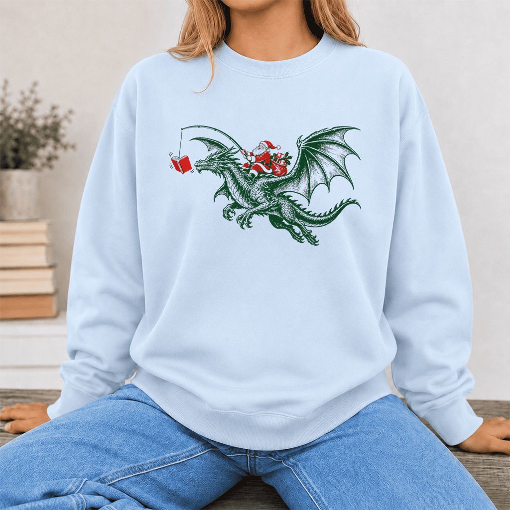 Santa Riding Green Dragon Printed Sweatshirt | Christmas Fantasy Reader Gift Light Blue