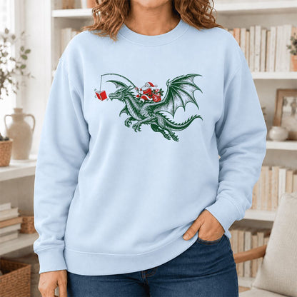 Santa Riding Green Dragon Printed Sweatshirt | Christmas Fantasy Reader Gift Light Blue