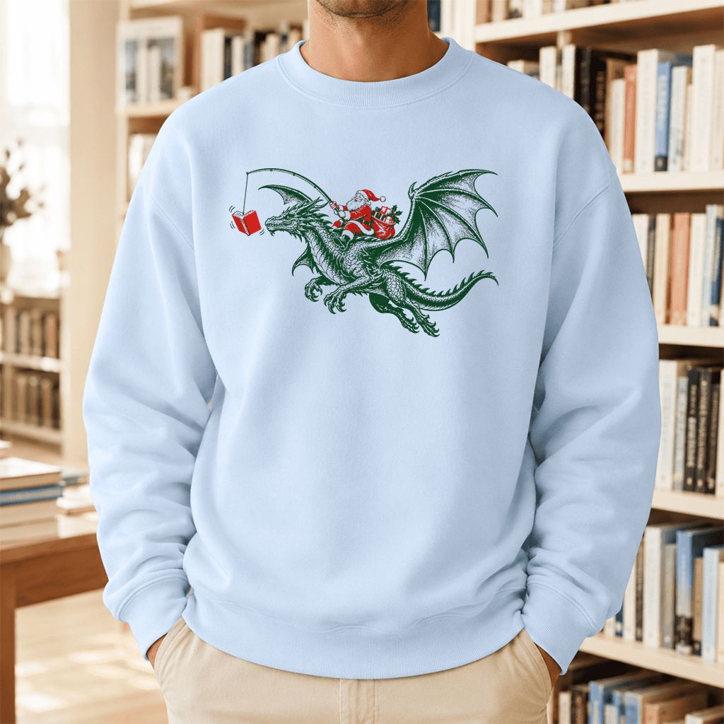 Santa Riding Green Dragon Printed Sweatshirt | Christmas Fantasy Reader Gift Light Blue