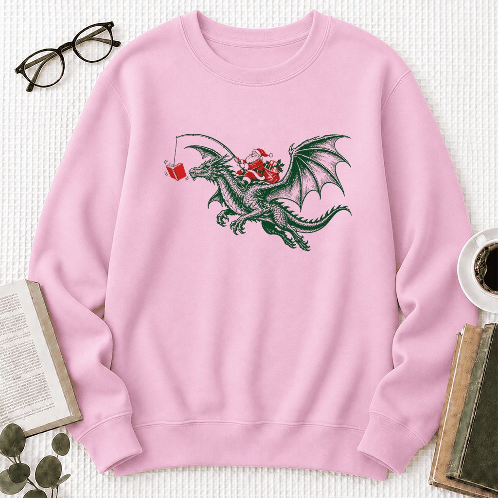Santa Riding Green Dragon Printed Sweatshirt | Christmas Fantasy Reader Gift Light Pink