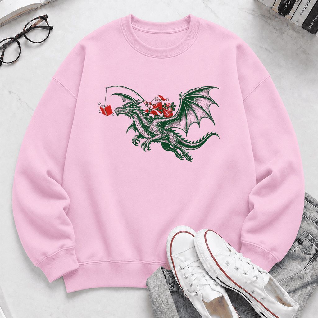 Santa Riding Green Dragon Printed Sweatshirt | Christmas Fantasy Reader Gift Light Pink